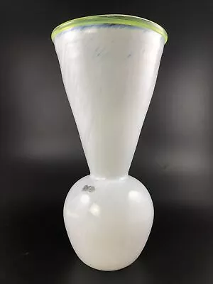 Vintage Jema Glasbruk Boda Scandinavian Sweden Art Glass Vase White Green Rim • $21.99