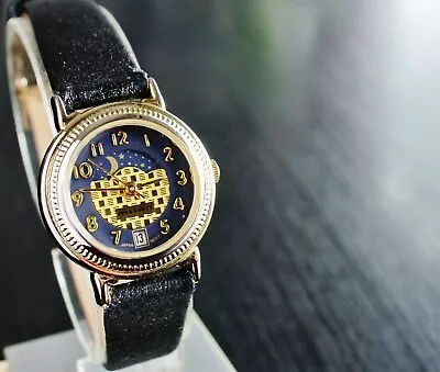 Vintage Milan Date Moon Phase Dial Quartz Women's Golden Blk Leather Dress Watch • $42.99