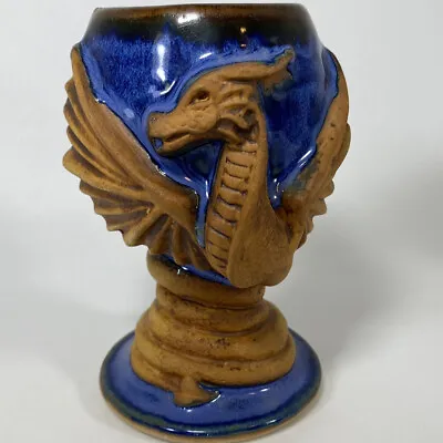 $29 • Buy Vintage Studio Art Pottery Winged Dragon Cobalt Blue Goblet Chalice