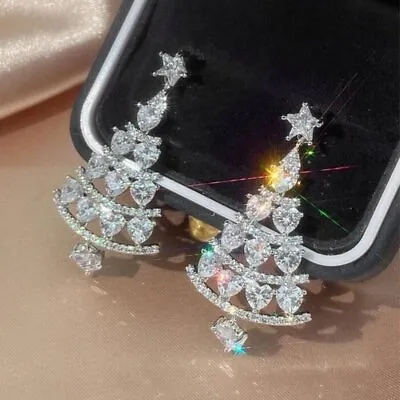 $3.36 • Buy Christmas Tree 925 Silver Crystal Star Stud Earrings Dangle Jewelry Women Gift 