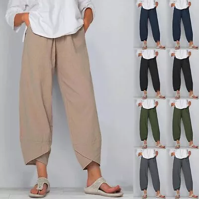 Women Cotton Linen Cropped Trousers Summer Baggy Wide Leg Harem Pants Summer • $18.79