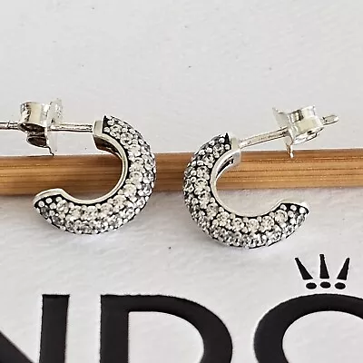 Pandora Pave CZ Snake Chain Pattern Silver Hoop Earrings 299091 Free Post • $54