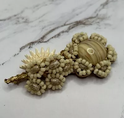 Vintage Signed Miriam Haskell Glass Cabochon Beaded Floral Brooch Pin **rare** • £159.94