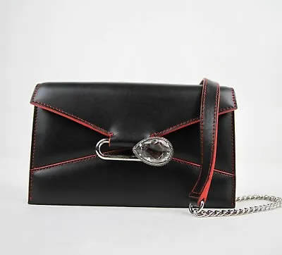 $699.79 • Buy $1450 Alexander McQueen Black Leather Red Trim Chain Bag W/Gem Pin 581944 1005