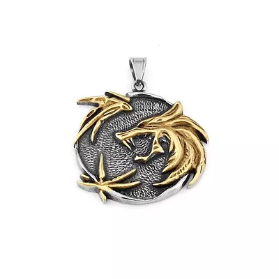 Men's Gold Witcher Wolf Pendant Necklace Punk Rock Biker Jewelry Stainless Steel • $12.99