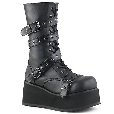 DEMONIA TRA205/B/PU Men's Gothic Punk Black Platform Mid Ankle Boots Wrap Strap • $109.95