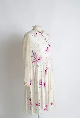 £14.99 • Buy Vintage C&A 40s 60s Style Cream Floral Chiffon Pleated Tea Dress Size 12