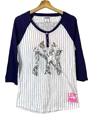 Victorias Secret PINK New York Yankees Sz L Baseball T-Shirt Sequins White Blue • $18.99