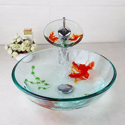 Bathroom Temperred Glass Golden Fish Painted Vessel Sink Faucet  Combo Sink Set • $219.80