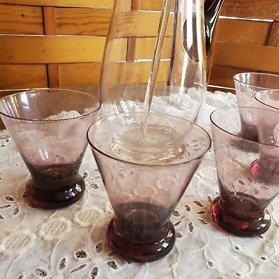 Glass Martini Pitcher & Stirrer W/ 4 Glasses Amethyst Vintage Mid Century Modern • $49.88