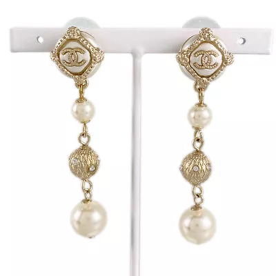 CHANEL COCO Mark Gold Plated Faux Pearl Rhinestone Earring • £417.18