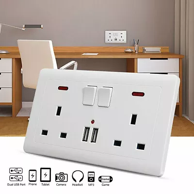 Electrical Wall Socket Switched 13A 2 Gang 2 USB Ports White Twin Double Plug • £6.29