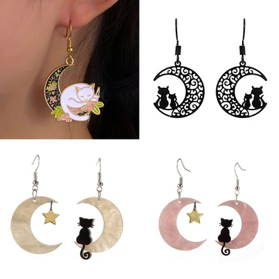 $2.06 • Buy Cat Moon Earrings Animal Pet Earrings Hook Dangle Ear Party Wedding Jewelry Gift