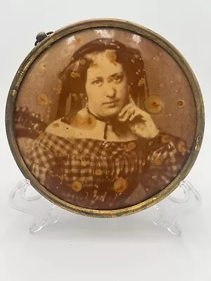 Antique 1800's Round Photo On Metal In Metal Frame Portrait Of A Woman • $22