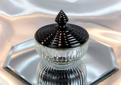 Vintage Art Deco Black Glass Covered Vanity Trinket Powder Jar • $39