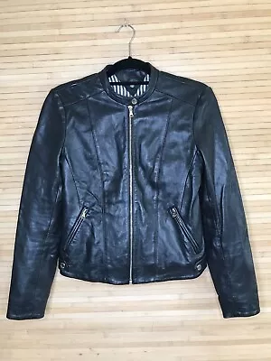 Massimo Dutti Black Leather Dress Jacket Moto Biker Bomber Jacket Coat Sz S • $59.99