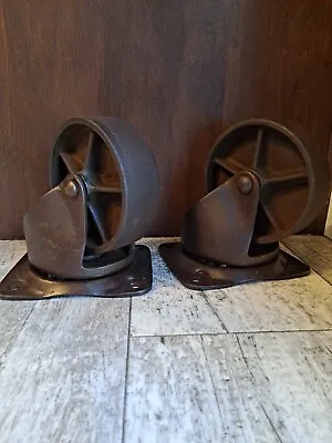 2 Antique Industrial Steel Factor Cart Wheels Steampunk Base Upcycle Large 5 Dia • $49.99