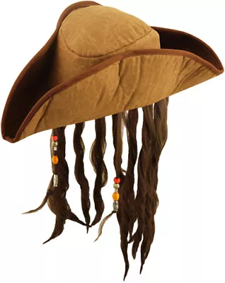 Deluxe Adult Brown Pirate Hat With Dread Locks - Jack Sparrow Fancy Dress Carib • £9.99