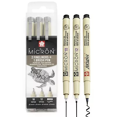 Sakura Pigma Micron - Pigment Fineliner Pens - 10/12/Brush - Wallet Of 3 - Black • £7.49