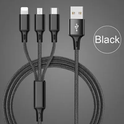 3 In 1 Multi USB Cable Fast Charger Type C 1 M Lead For IOS / Samsung / Huawei • £3.19