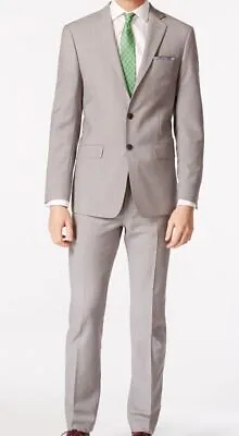 $641 Calvin Klein Mens Gray Solid Infinite Stretch 2-Piece Suit Jacket Pants 40R • $204.78