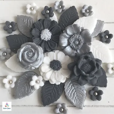 36 Edible Silver Flower Leaves Fondant Cake  Topper Birthday Wedding Anniversary • £7.99