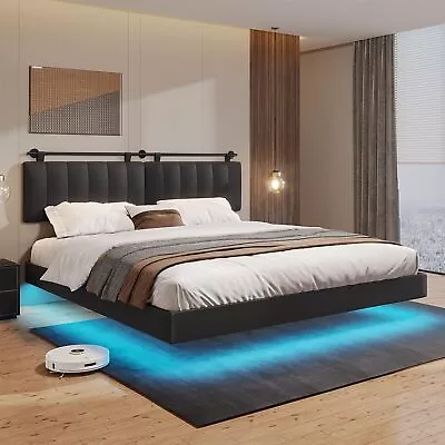 Floating Queen Bed Frame With LED Wall Mounted Headboard Upholstered Platform • $229.99
