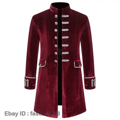Mens Wine Red Velvet Stand Collar Trench Coat Medieval Gothic Jacket Vintage HOT • $56.99