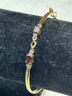 Vintage Modern Gold 925 Sterling Silver Garnet Diamond Bangle Bracelet 7” 4.4g • $13