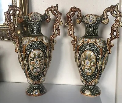 Antique Pair Pos’ Austrian Art Nouveau Majolica Vases . Large 14” Tall (REDUCED) • £80