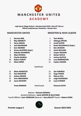 Man Utd FC U21 V Brighton & Hove Albion FC U21 Team Sheet • £3.99