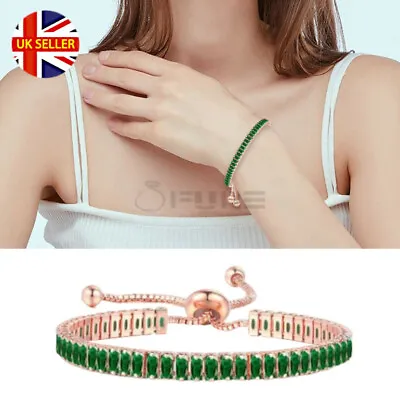 Rose Gold Plated Green Emerald Cut Cubic Zirconia Tennis Bracelet Jewellery Gift • £4.99