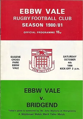 Ebbw Vale v Bridgend 4 Oct 1980 Ebbw Vale RUGBY PROGRAMME • £4.99