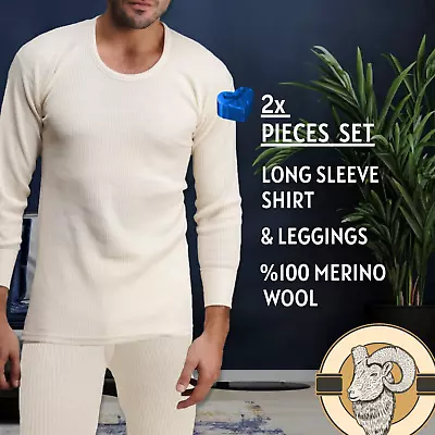 Two Piece Set Of Men Long Sleeve Shirt & Leggings - Natural %100 Merino Wool • $79.99