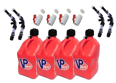 VP Racing 4 Pack Red Square 5 Gallon Fuel Jugs + Hose Hose Bender & Ball Valve • $149.99