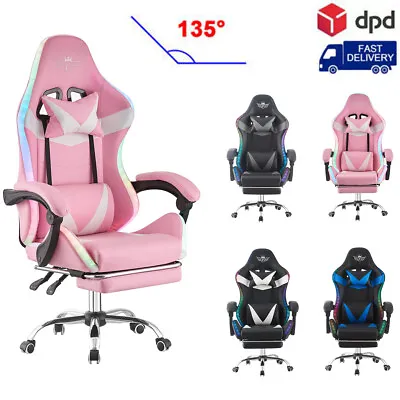 Gaming Chair Recliner Swivel Racing Office Chair LED Lights With Footrest Pillow • £84.90