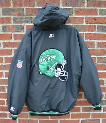 VTG Starter 90’s Medium NFL New York Jets Jacket W/ Hood Green Helmet On Black • $135