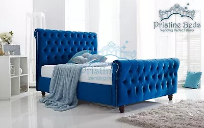 New HiQ Premium Soft Velvet Fabric Chesterfield Sleigh Bed Set Frame | Mattress • £275