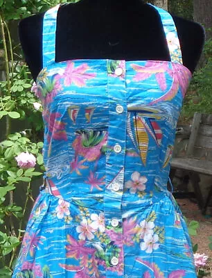 Vintage Hawaiian Halter Dress - Sailboats - Tropical Flowers • $30