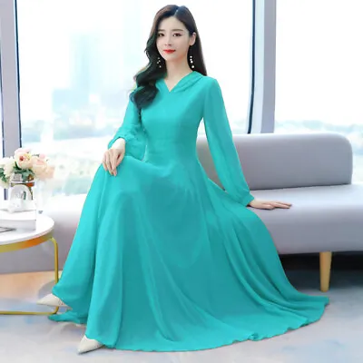 Ladies Summer Elegant Maxi Chiffon Long Sleeve Hoodie Beach Gown Pleated Skirt • £32.39