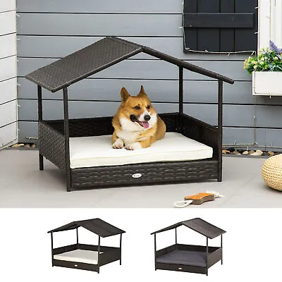 £70.99 • Buy Wicker Dog House, Rattan Pet Bed With Soft Cushion, Canopy, Cat House