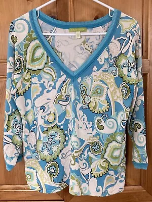 Sigrid Olsen Sweater Silk Blend Aqua Paisley Floral Sequin Bead Size L • $20