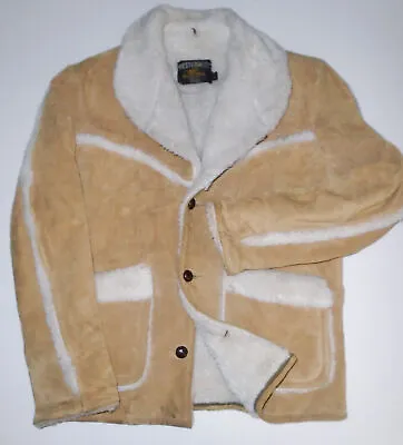 Vtg 60s SEARS Leather Sherpa Ranch Coat Western Marlboro Man Jacket Mens LG • $99.99
