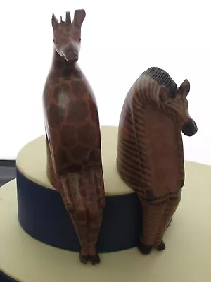 Hand Carved Kenya Wooden Shelf Sitter Ornament Giraffe And Zebra • £10