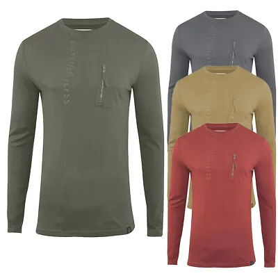 New Mens Long Sleeve T-Shirt Crew Neck Casual Zip Pocket 100% Cotton Fashion Top • £11.96