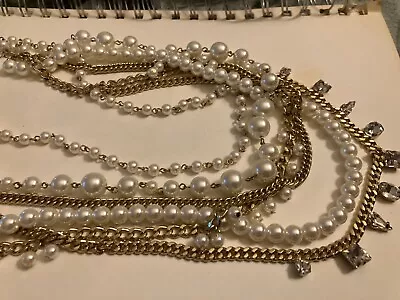 Vintage Estate Chunky Faux Pearl And Rhinestone Multi Strand Chain  Necklace • $14.99