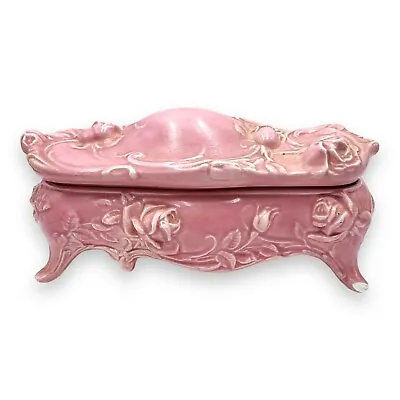 Vintage Art Deco Jewelry Casket Trinket Box Raised Rose Flowers 1963 Pink White • $32.89