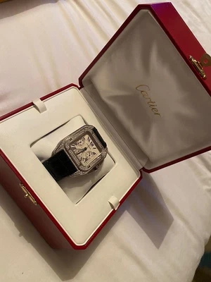 £10995 • Buy Cartier Santos 100XL Chrono 41mm Black Leather Custom Diamond Bezel 2740