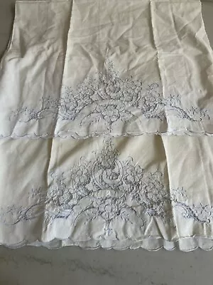 Vintage Pair Pillowcases Blue Floral Flowers Cutwork Embroidered Scalloped 30x18 • $25