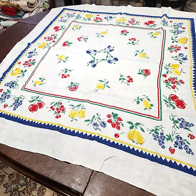 Vintage Stamped Cotton Tablecloth 41  X 37   Primary Colors - FRUIT • $18